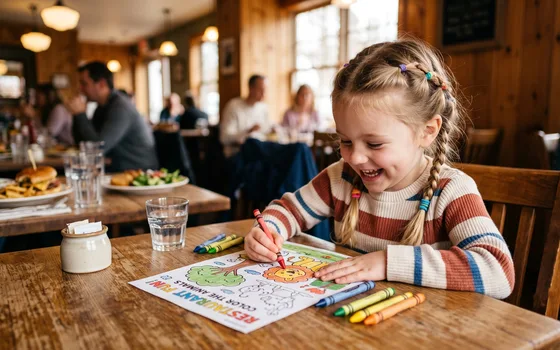 Dítě si kreslí vytištěnou aktivitu u stolu v restauraci