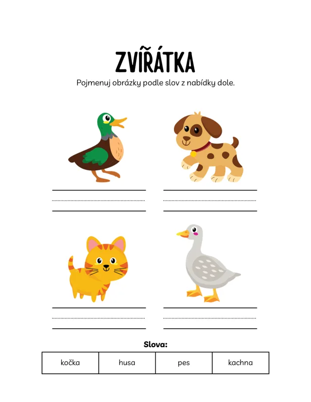 Ukázka aktivity z balíčku Klid u stolu — přiřazování zvířátek